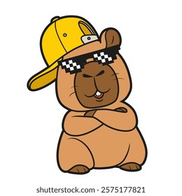 Cute cartoon capybara in a cap and sunglasses on white background