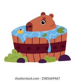 Cute cartoon capybara character bathing in wooden tub pose. Funny childish animal. Wild nature