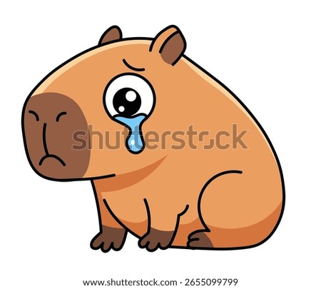 A cute cartoon capybara character crying with a big teardrop. Sad and upset animal expressing grief or disappointment. Vector illustration for mental health awareness content, reaction stickers, or il