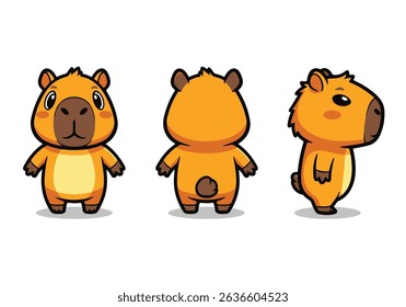 Cute Cartoon Capybara Character Set - Front, Back, and Side View for Animation and Mascot. Vector illustraton