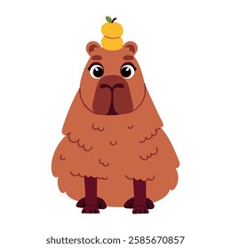 Cute cartoon capybara character sitting with apple on head pose. Funny childish animal. Wild nature