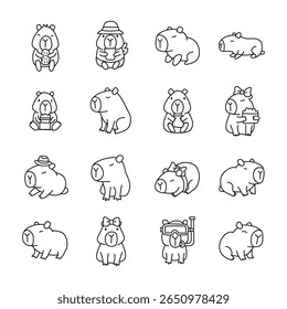 Cute cartoon capybara characters, white isolate background