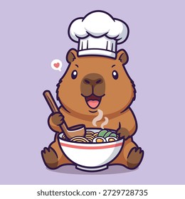 Chef lindo del capybara de la historieta con el cuenco del ramen al vapor y la Ilustración vectorial del símbolo del corazón