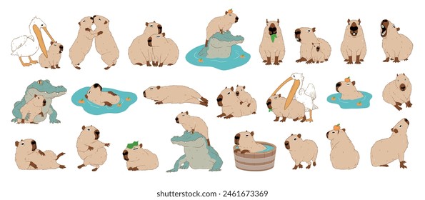 Cute Cartoon capybara collection , Character Design with Flat Colors in Various Poses	, isolated on white background	