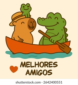 Desenho animado de uma capivara, crocodilo e sapo em um barco. O texto em português diz "Melhores amigos", que significa "Melhores amigos" em inglês. Divertido e emocionante cena de amizade animal.