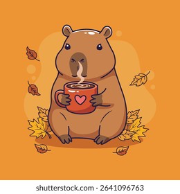 Cute cartoon capybara with a cup of coffee. Vector illustration.	
