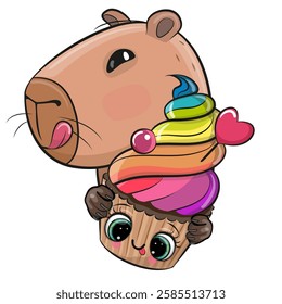 Cute Cartoon Capybara with Cupcake on a white background