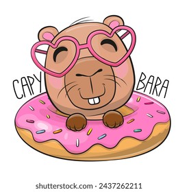 Cute Cartoon Capybara with donut and pink glasses