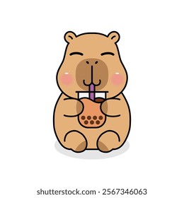 Cute cartoon capybara drink boba milk tea. Vector illustration.