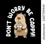 Cute cartoon capybara drink bubble tea. Vector illustration.Kawaii animal mascot.Adorable capybara characters in cartoon style.Cute t-shirt graphics for kids, printing for textiles and stationery. 
