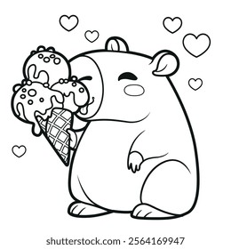 Cute cartoon capybara eating ice cream outlined for coloring page on white background. Image produced without the use of any form of AI software at any stage.