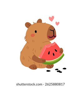Capivara de desenho animado comendo uma fatia de melancia em um fundo branco. Ilustração de vetor plano de capivara segurando melancia, Impressão de verão para crianças.
