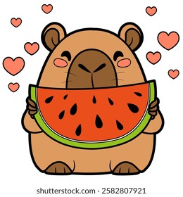 Cute cartoon capybara eats a large slice of watermelon with appetite on white background