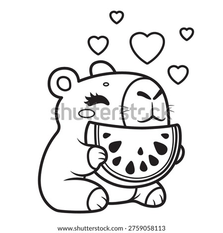 Cute cartoon capybara eats a slice of watermelon with appetite outlined for coloring page on white background