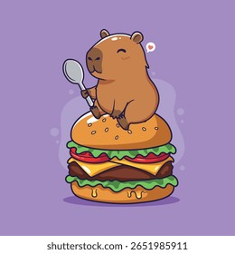 Capivara de desenho animado bonito desfrutando de um grande hambúrguer. Ilustração vetorial.	
