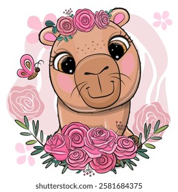 Cute Cartoon Capybara with flowers on floral background