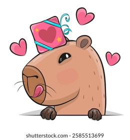 Cute Cartoon Capybara with gift and hearts isolated in a white background