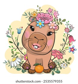 Cute Cartoon Capybara girl with flowers and branches