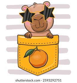 Cute Cartoon Capybara with glasses in orange pocket on a striped background