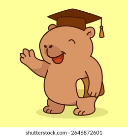 Capivara de desenho animado bonito graduando e acenando com um diploma