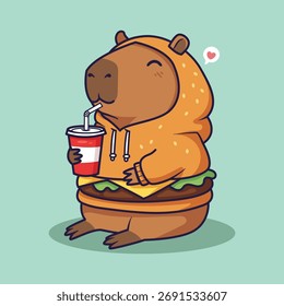 Cute Cartoon Capybara in Hamburger Costume Drinking from Striped Cup . Vector Illustration of Whimsical Food-Themed Character