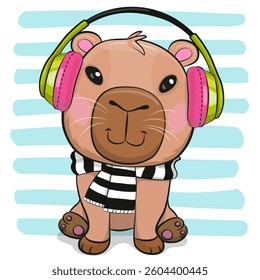 Cute Cartoon capybara with headphones on a striped background