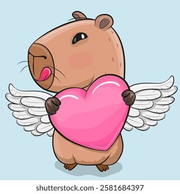 Cute Cartoon capybara with heart and wings on a blue background