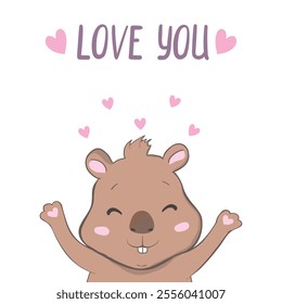 Cute cartoon capybara with hearts isolated on a white background, vector illustration.