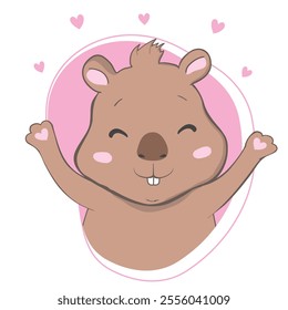 Cute cartoon capybara with hearts isolated on a white background, vector illustration.