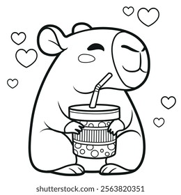 Cute cartoon capybara hold drink in cardboard glass with a straw outlined for coloring page on white background. Image produced without the use of any form of AI software at any stage.