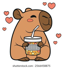 Cute cartoon capybara hold drink in cardboard glass with a straw on white background. Image produced without the use of any form of AI software at any stage.