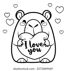 Cute cartoon capybara hold soft pillow heart outlined for coloring page on white background