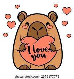 Cute cartoon capybara hold soft pillow heart on white background