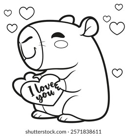 Cute cartoon capybara hold Valentine heart card outlined for coloring page on white background