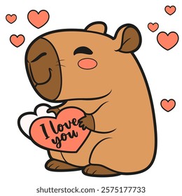 Cute cartoon capybara hold Valentine heart card on white background 