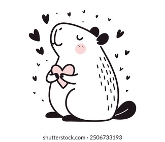 Cute cartoon capybara holding a heart surrounded by hearts on white background