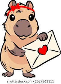 Cute cartoon capybara holding a love letter with a heart. Funny animal character with a red bow, perfect for Valentine's Day cards, romantic designs, stickers and children's illustrations. Vector
