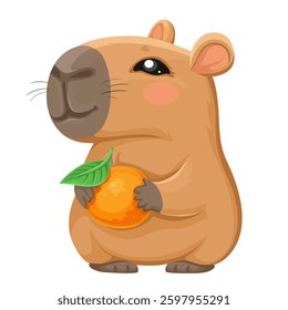 Cute cartoon capybara holding a tangerine with a green leaf in its paws