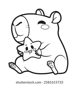 Cute cartoon capybara hugs a cute star outlined for coloring page on white background