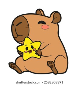 Cute cartoon capybara hugs a cute star color variation on white background