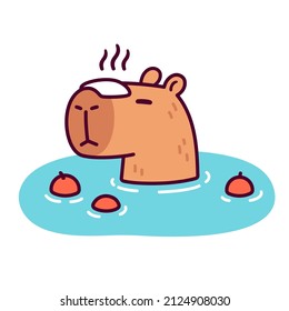 Cute cartoon capybara in Japanese Onsen hot spring with steaming towel on head. Kawaii drawing, funny vector illustration.