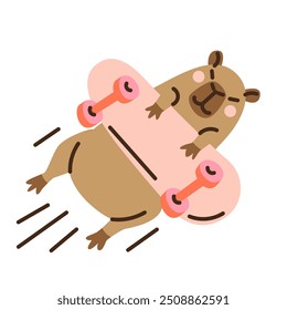 Cute cartoon capybara jump on skateboard. Hand drawn vector illustration. Funny animal isolated on white. Naive childish design. Cool comic character, kids poster, card, social media banner.