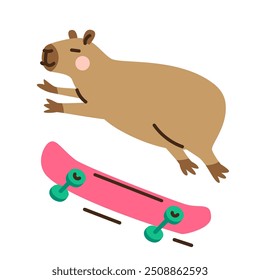 Cute cartoon capybara jump on skateboard. Hand drawn vector illustration. Funny animal isolated on white. Naive childish design. Cool comic character, kids poster, card, social media banner.