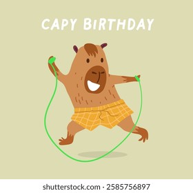 Cute cartoon capybara jumping on a jump rope. Hand drawn vector illustration. Funny animal isolated on white. Naive children's design. Funny comic character, kids poster, postcard, social media banner