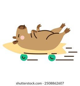 Cute cartoon capybara laying on skateboard. Hand drawn vector illustration. Funny animal isolated on white. Naive childish design. Cool comic character, kids poster, card, social media banner.