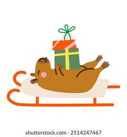 Cute cartoon capybara laying on sled. Hand drawn vector illustration. Funny animal isolated on white.Naive Christmas childish design.Cool comic character, kids poster, xmas card, social media banner.