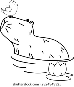 Cute cartoon capybara with little bird in line art style illustration.