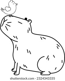 Cute cartoon capybara with little bird in line art style illustration.
