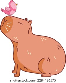 Cute cartoon capybara with little pink bird illustration.