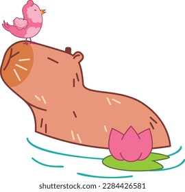 Cute cartoon capybara with little pink bird illustration.